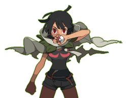 Rule 34 | 1girl, bauri andres, black hair, black shirt, bob cut, breasts, cape, clenched hand, creatures (company), dark skin, female focus, game freak, holding, legs, looking at viewer, lowres, nintendo, official style, pokemon, pokemon oras, red eyes, rope belt, shirt, short hair, short shorts, shorts, simple background, sleeveless, sleeveless shirt, standing, thighs, zinnia (pokemon)