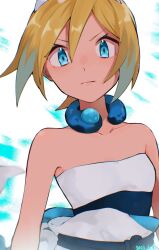 Rule 34 | 1girl, alternate color, aqua eyes, bare shoulders, blonde hair, closed mouth, collar, collarbone, commentary request, creatures (company), dated, game freak, hair between eyes, highres, irida (pokemon), looking at viewer, nintendo, osigatoutoi tou, pokemon, pokemon masters ex, sash, shirt, short hair, solo, strapless, strapless shirt, upper body, white shirt