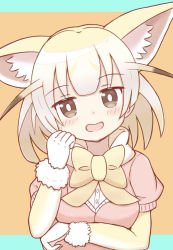 Rule 34 | 1girl, animal ear fluff, animal ears, blonde hair, blue background, bow, brown background, commentary request, fennec (kemono friends), fox ears, fur-trimmed gloves, fur trim, gloves, hand up, highres, kemono friends, layered sleeves, long sleeves, multicolored hair, pink sweater, puffy short sleeves, puffy sleeves, shirt, short-sleeved sweater, short over long sleeves, short-sleeved sweater, short sleeves, solo, sunanuko (ramuneko), sweater, two-tone background, two-tone hair, upper body, white gloves, white hair, white shirt, yellow bow