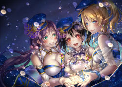 Rule 34 | 10s, 3girls, :d, aqua eyes, ayase eli, black hair, blonde hair, blue eyes, blurry, blush, bokeh, breasts, cancer (symbol), cleavage, depth of field, detached sleeves, gemini (symbol), grin, hat, large breasts, light particles, lma, long hair, love live!, love live! school idol project, medium breasts, multiple girls, open mouth, ponytail, purple hair, red eyes, revision, short hair, smile, starry sky print, sun symbol, tojo nozomi, upper body, yazawa nico