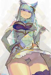 Rule 34 | 10s, 1girl, animal ears, bare shoulders, blue hair, blunt bangs, breasts, covered erect nipples, cowboy shot, elbow gloves, erune, female focus, from below, gloves, granblue fantasy, grey eyes, grin, hand on own hip, hime cut, holding, korwa, large breasts, long hair, looking at viewer, pubic hair, quill, single thighhigh, smile, solo, thighhighs, twitter username, woofycakes