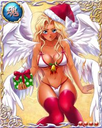 Rule 34 | 1girl, angel, angel wings, bare arms, bastard!!, blonde hair, blue eyes, blush, breasts, card (medium), christmas, cleavage, embarrassed, feathers, gift, groin, hat, holding, large breasts, legs, long hair, looking at viewer, michael (bastard!!), mobage, multiple wings, navel, open mouth, santa hat, sitting, solo, thighhighs, thighs, wings