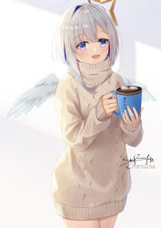 Rule 34 | 1girl, amane kanata, angel, angel wings, asymmetrical bangs, asymmetrical hair, blue eyes, blue hair, blush, bob cut, colored inner hair, cowboy shot, cup, dress, feathered wings, food, halo, highres, holding, holding cup, hololive, hot chocolate, long sleeves, looking at viewer, marshmallow, mini wings, mug, multicolored hair, no pants, open mouth, pink hair, purple eyes, short hair, signature, silver hair, single hair intake, skyrail, sleeves past wrists, smile, solo, standing, star halo, streaked hair, sweater, sweater dress, turtleneck, turtleneck sweater, virtual youtuber, white wings, wings