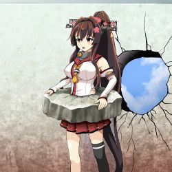 Rule 34 | 1girl, brown hair, cherry blossoms, crack, cracked wall, detached sleeves, flower, hair flower, hair intakes, hair ornament, headgear, highres, hole in wall, kabe ni hamatte ugokenai!, kantai collection, long hair, miniskirt, open mouth, pleated skirt, ponytail, red skirt, single thighhigh, skirt, solo, standing, thighhighs, tk8d32, very long hair, wall, yamato (kancolle), z-flag