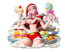 Rule 34 | 1girl, belt, blue eyes, bodskih, bra, breasts, cake, capelet, cleavage, eating, food, fur trim, grin, hat, holding, holding food, jewelry bonney, large breasts, long hair, looking at viewer, midriff, navel, one piece, one piece treasure cruise, pink hair, pink ribbon, red bra, red hat, red shorts, ribbon, santa costume, santa hat, short shorts, shorts, smile, solo, stomach, transparent background, underwear, wrist cuffs