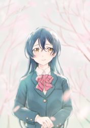 Rule 34 | 1girl, blazer, blue hair, blush, bow, bowtie, commentary, crying, crying with eyes open, hair between eyes, highres, jacket, long hair, long sleeves, looking at viewer, love live!, love live! school idol project, otonokizaka school uniform, own hands together, petals, red bow, red bowtie, school uniform, solo, sonoda umi, striped bow, striped bowtie, striped clothes, striped neckwear, suito, tears, yellow eyes