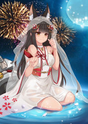 Rule 34 | 1girl, absurdres, animal ears, azur lane, black hair, breasts, cannon, collar, detached sleeves, dress, fireworks, fox ears, hair ornament, happy tears, highres, hime cut, japanese clothes, jewelry, long hair, long sleeves, looking at viewer, lostwing66, medium breasts, moon, nagato (azur lane), nagato (great fox&#039;s white gown) (azur lane), necklace, night, obi, petals, ripples, sash, sitting, sky, solo, star (sky), starry sky, tears, turret, veil, wariza, water, wedding dress, wide sleeves, yellow eyes