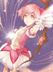 Rule 34 | 10s, 1girl, arrow (projectile), bow, bow (weapon), bubble skirt, firing, gloves, hirano ryouji, kaname madoka, looking at viewer, magical girl, mahou shoujo madoka magica, mahou shoujo madoka magica (anime), outstretched arm, pink eyes, pink hair, short hair, short twintails, skirt, solo, twintails, weapon