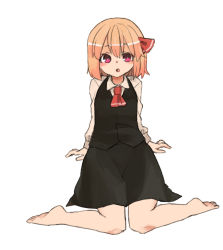 Rule 34 | 1girl, arm support, barefoot, black skirt, black vest, blonde hair, blouse, blush, collared shirt, ascot, dress shirt, full body, hair ribbon, leaning back, long sleeves, looking at viewer, mary janes, necktie, open mouth, purple eyes, red footwear, red ribbon, ribbon, rumia, shirt, shoes, short hair, simple background, sitting, skirt, solo, touhou, vest, white background, white shirt, white shirt, wing collar, yunuki uta