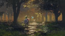 Rule 34 | 1boy, absurdres, facing away, fairy, forest, from behind, heart, highres, hylian shield, link, nature, nintendo, outdoors, rsef, shield, shield on back, standing, sword, the legend of zelda, the legend of zelda: ocarina of time, tree, tunic, weapon