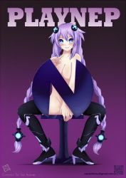 Rule 34 | 1girl, black thighhighs, blue eyes, blush, boots, braid, breasts, cleavage, covering crotch, covering privates, full body, grin, hair ornament, high heel boots, high heels, highres, index finger raised, large breasts, long hair, looking at viewer, neptune (series), nude, parody, playboy, power symbol, power symbol-shaped pupils, purple background, purple hair, purple heart (neptunia), sitting, smile, solo, spread legs, suzuki (susukidraws), symbol-shaped pupils, thighhighs, twin braids, twintails, very long hair
