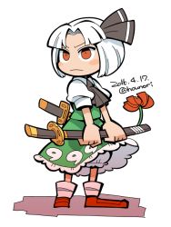 Rule 34 | 10s, 1girl, 2016, artist name, ascot, bloomers, blush stickers, dated, dress, flower, frown, full body, green dress, hair ribbon, holding, holding weapon, hounori, konpaku youmu, parted bangs, puffy short sleeves, puffy sleeves, red footwear, ribbon, sheath, sheathed, shoes, short hair, short sleeves, simple background, solo, sword, touhou, twitter username, underwear, weapon, white background, white hair