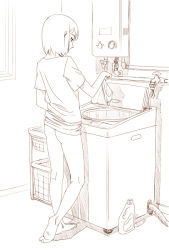 Rule 34 | 1girl, ass, barefoot, bottomless, casual nudity, francine (daijaemon), holding, holding clothes, holding panties, holding underwear, indoors, laundry, monochrome, no panties, original, panties, shirt, short hair, solo, t-shirt, top-load washing machine, underwear, washing machine