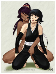 Rule 34 | 2girls, azasuke, bare shoulders, black eyes, black hair, bleach, braid, grabbing another&#039;s breast, breasts, crotch grab, dark-skinned female, dark skin, detached sleeves, fingering, grabbing, groping, hand under clothes, hand under shirt, highres, japanese clothes, long hair, multiple girls, nude, ponytail, purple hair, shadow, shihouin yoruichi, shirt, short hair, smile, squatting, sui-feng, toes, twin braids, twintails, yellow eyes, yuri