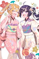 Rule 34 | 2girls, aizawa hikari, aizawa hinata, black hair, blonde hair, closed eyes, commentary request, feet out of frame, floral print, flower, hair flower, hair ornament, highres, hinata to hikari, holding, holding hands, japanese clothes, kimono, long hair, looking at another, multiple girls, obi, official art, omikuji, open mouth, pink kimono, purple eyes, purple hair, sash, side ponytail, simple background, smile, white background, yellow kimono, yuri, yushima