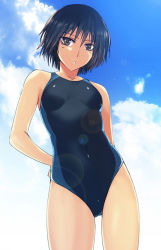 Rule 34 | 1girl, :o, amagami, arms behind back, bad id, bad pixiv id, black hair, brown eyes, cloud, competition swimsuit, covered navel, day, lens flare, nanasaki ai, one-piece swimsuit, short hair, sky, solo, swimsuit, takebouzu