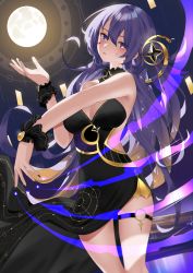 Rule 34 | 1girl, absurdres, alternate costume, black dress, black nails, breasts, dress, full moon, hair ornament, hievasp, highres, hololive, hololive indonesia, large breasts, light trail, long hair, moon, moona hoshinova, nail polish, purple eyes, purple hair, strapless, strapless dress, thigh strap, virtual youtuber, wrist cuffs