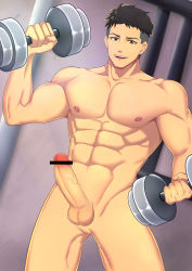 Rule 34 | 1boy, abs, absurdres, akitaru oubi, bar censor, bara, black hair, brown eyes, censored, collarbone, completely nude, dumbbell, en&#039;en no shouboutai, erection, exercising, highres, large pectorals, male focus, minghecanyue, muscular, muscular male, navel, navel hair, nipples, nude, pectorals, penis, short hair, smile, solo, thick thighs, thighs, undercut, weightlifting