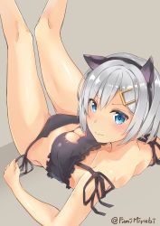 Rule 34 | 10s, 1girl, animal ears, blue eyes, blush, breasts, cat cutout, cat ear panties, cat ears, cat lingerie, cleavage, cleavage cutout, clothing cutout, eyes visible through hair, hair ornament, hair over one eye, hairclip, hamakaze (kancolle), highres, jacob dream world, kantai collection, large breasts, meme attire, panties, short hair, side-tie panties, silver hair, solo, underwear, underwear only