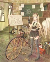 Rule 34 | 1girl, bad id, bad perspective, bad pixiv id, bare shoulders, bicycle, black gloves, black necktie, black skirt, blonde hair, blue eyes, blueprint (object), book, bookshelf, box, brick wall, chain, chalkboard, closed mouth, corset, drawer, easel, gears, gloves, goggles, goggles on head, grey thighhighs, hand on own hip, indoors, legs apart, long hair, looking at viewer, miniskirt, mokona1107, necktie, original, paper, paper roll, pectorals, room, ruler, shirt, short necktie, skirt, sleeveless, sleeveless shirt, smile, solo, stairs, standing, steampunk, stool, striped, suspenders, thighhighs, toolbox, treasure chest, very long hair, white shirt, window, wooden floor, wrench, zettai ryouiki