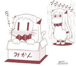 Rule 34 | (o) (o), 1girl, abyssal ship, animal ears, blush, box, cardboard box, cat day, cat ears, cat tail, comic, commentary request, cosplay, covered mouth, for adoption, horns, in box, in container, kantai collection, kemonomimi mode, long hair, looking at viewer, mikan box, mittens, monochrome, moomin, moomintroll, muppo, northern ocean hime (cosplay), northern ocean princess, solo, tail, translation request, whiskers, yamato nadeshiko, | |