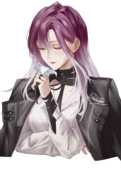 Rule 34 | 1girl, arm wrap, black coat, closed eyes, coat, coat on shoulders, cropped torso, crossed arms, flower, gradient hair, hand up, highres, holding, holding flower, lips, multicolored hair, neck ribbon, open clothes, open coat, path to nowhere, purple hair, ribbon, shalom (path to nowhere), shirt, signature, simple background, smelling flower, solo, upper body, white background, white flower, white hair, white shirt, yukikitsune kuutachibana