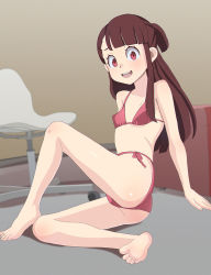 Rule 34 | 1girl, aruman, ass, bra, brown hair, feet, highres, kagari atsuko, little witch academia, long hair, looking at viewer, open mouth, panties, red eyes, red panties, smile, soles, solo, toes, underwear, underwear only