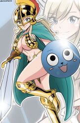 Rule 34 | 1girl, blonde hair, blue eyes, breasts, cape, cleavage, eden&#039;s zero, happy (eden&#039;s zero), helmet, large breasts, long hair, navel, pelvic curtain, rebecca (one piece) (cosplay), rebecca bluegarden, revealing clothes, shield, smile, sword, underboob, weapon