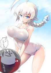 Rule 34 | 1girl, ahoge, ass, bare shoulders, blazblue, blue eyes, braid, breasts, covered navel, covered erect nipples, es (xblaze), highres, johan (johan13), large breasts, long hair, looking at viewer, one-piece swimsuit, open mouth, solo, swimsuit, white hair, white one-piece swimsuit