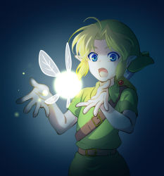 Rule 34 | 1boy, :o, artist request, belt, blonde hair, blue eyes, brown belt, eyebrows, fairy, glowing, green headwear, hands up, hat, link, nintendo, open mouth, parted bangs, short hair, short sleeves, sidelocks, standing, surprised, sword, the legend of zelda, the legend of zelda: ocarina of time, tunic, weapon, weapon on back, young link