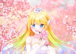 Rule 34 | 1girl, :d, absurdres, bad id, bad pixiv id, bare shoulders, blonde hair, blue eyes, blue hair, blurry, blurry background, bouquet, commentary request, commission, depth of field, detached sleeves, dress, flower, gradient hair, green hair, hair flower, hair ornament, highres, holding, holding bouquet, long hair, long sleeves, looking at viewer, mamel 27, multicolored hair, open mouth, original, own hands together, pink flower, rose, see-through, see-through sleeves, smile, solo, strapless, strapless dress, very long hair, white dress, white flower, white rose