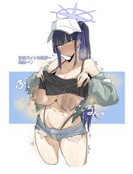 1girl bare_shoulders blue_archive blunt_bangs blush breasts cleavage commentary english_commentary female_pubic_hair halo hat highres large_breasts leebo_(leeboxxx) lifting_own_clothes long_hair looking_at_viewer navel nipples off_shoulder ponytail pubic_hair pubic_hair_peek purple_eyes purple_hair sagging_breasts saori_(blue_archive) saori_(swimsuit)_(blue_archive) shorts solo