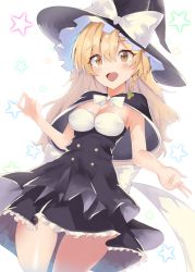 Rule 34 | 1girl, :d, bad id, bad pixiv id, black capelet, black dress, black hat, blonde hair, blush, bow, bowtie, breasts, brown eyes, capelet, cleavage, cowboy shot, dress, hair between eyes, hat, hat bow, kirisame marisa, long hair, medium breasts, moruchi (rinaka moruchi), open mouth, sleeveless, sleeveless dress, smile, solo, star (symbol), striped clothes, striped dress, touhou, white background, white bow, white bowtie, witch hat