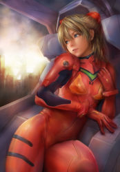 Rule 34 | 1girl, bad id, bad pixiv id, blue eyes, brown hair, cockpit, cowboy shot, entry plug, hair between eyes, head tilt, highres, leaning to the side, miche, neon genesis evangelion, parted bangs, plugsuit, realistic, solo, souryuu asuka langley, thighs