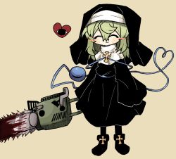 Rule 34 | black dress, black footwear, black headwear, black veil, blood, blood stain, bloody weapon, blush, boots, chainsaw, closed eyes, cosplay, cross, cross necklace, dress, green hair, heart, highres, holding, holding chainsaw, holding weapon, jewelry, komeiji koishi, long sleeves, medium hair, necklace, nun, power tool, simple background, sleeves past fingers, sleeves past wrists, smile, thighhighs, third eye, touhou, traditional nun, veil, weapon, zunusama