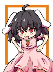 Rule 34 | 1girl, absurdres, ahoge, black hair, dress, hand on own hip, highres, inaba tewi, long hair, looking at viewer, pink dress, red eyes, solo, suikatou, touhou