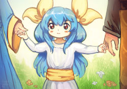 Rule 34 | blue hair, blush stickers, bow, child, commentary, cubehero, dizzy (guilty gear), flower, guilty gear, guilty gear x, hair bow, holding hands, long hair, red eyes, smile, aged down