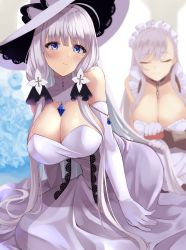 Rule 34 | 2girls, ahoge, apron, azur lane, belfast (azur lane), blue eyes, breasts, broken, broken chain, brushing hair, chain, cleavage, closed eyes, closed mouth, collar, dress, elbow gloves, flower, frilled apron, frills, gloves, hair ribbon, hat, highres, illustrious (azur lane), lace-trimmed headwear, lace trim, large breasts, long hair, low neckline, maid, maid apron, maid headdress, mole, mole under eye, multiple girls, ribbon, silver hair, strapless, strapless dress, sun hat, tress ribbon, tri tails, wee (weeyy), white dress, white gloves, white headwear