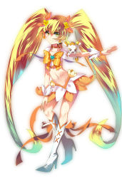 Rule 34 | 10s, 1girl, absurdres, boots, bow, brooch, cure sunshine, heart, heart brooch, heartcatch precure!, highres, hoshika ranoe, jewelry, knee boots, long hair, magical girl, myoudouin itsuki, orange bow, orange skirt, orange theme, potpourri (heartcatch precure!), precure, skirt, smile, very long hair, white background, yellow bow, yellow eyes