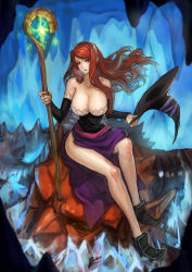 Rule 34 | 1girl, breasts, brown eyes, brown hair, cleavage, detached sleeves, dragon&#039;s crown, dress, hat, unworn hat, unworn headwear, highres, holding, holding hat, large breasts, long hair, ryuuzaki ichi, sitting, solo, sorceress (dragon&#039;s crown), staff, strapless, strapless dress, witch hat