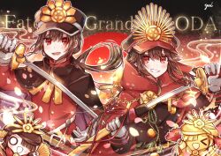 Rule 34 | 1boy, 1girl, belt, black cape, brother and sister, cape, chain, family crest, fate/grand order, fate (series), fiery hair, gloves, grin, hand fan, hat, highres, holding, holding sword, holding weapon, katana, low ponytail, medallion, military hat, mini nobu (fate), oda nobukatsu (fate), oda nobunaga (fate), oda nobunaga (koha-ace), oda uri, open mouth, peaked cap, ponytail, red cape, red eyes, shako cap, sheath, siblings, sidelocks, smile, sword, trap, weapon, yui (tamagohan)