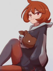 Rule 34 | 1girl, arezu (pokemon), arm support, blush, brown bag, brown hair, closed mouth, commentary request, cowlick, creatures (company), eyelashes, from side, game freak, gradient legwear, grey background, grey jacket, highres, jacket, kurachi mizuki, looking at viewer, looking down, nintendo, pantyhose, pantyhose under shorts, pokemon, pokemon legends: arceus, pouch, red eyes, shorts, simple background, sitting, smile, solo, split mouth
