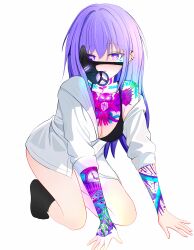 Rule 34 | absurdres, all fours, black socks, chest tattoo, ear piercing, heart, heart-shaped pupils, highres, looking at viewer, mask, mask on head, non-web source, original, piercing, purple eyes, purple hair, shirt, smirk, socks, symbol-shaped pupils, tattoo, thighs, white background, white shirt