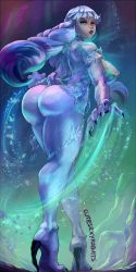 Rule 34 | 1girl, animal hands, areola slip, ass, blue eyes, blue hair, blue skin, blue theme, blunt bangs, braid, breasts, colored skin, curvy, cutesexyrobutts, dahlia (xenoblade), energy, fingernails, full body, glowing, high heels, highres, huge ass, large breasts, lips, lipstick, long fingernails, long hair, looking at viewer, looking back, magic, makeup, monster girl, nintendo, rabbit tail, sideboob, solo, standing, tail, thick thighs, thighs, tsuki (xenoblade 2), twin braids, wide hips, xenoblade chronicles (series), xenoblade chronicles 2