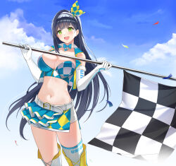 Rule 34 | 1girl, bare shoulders, belt, blue hair, blue shirt, boots, bow, bowtie, breasts, checkered flag, choker, cleavage, closers, cloud, collarbone, cowboy shot, crop top, cropped vest, elbow gloves, flag, gloves, green eyes, hairband, hands up, highres, holding, holding flag, large breasts, long hair, looking at viewer, midriff, miniskirt, navel, non-web source, official art, open clothes, open mouth, open vest, outdoors, race queen, shirt, side slit, skindentation, skirt, sleeveless, sleeveless shirt, smile, solo, soma (closers), standing, stomach, thigh boots, thighhighs, thighs, very long hair, vest, white choker, white gloves, white thighhighs, yellow vest, zettai ryouiki