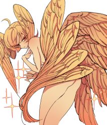 Rule 34 | 1girl, ahoge, androgynous, angel wings, ass, asuka ryou, blonde hair, breasts, closed mouth, devilman, devilman crybaby, feathered wings, feet out of frame, from behind, head wings, looking at viewer, looking back, medium breasts, meremero, multiple wings, nude, red eyes, satan (devilman), short hair, simple background, solo, standing, white background, wings, yellow wings