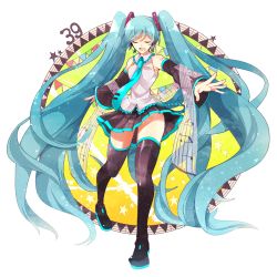 Rule 34 | 1girl, 39, aqua hair, bad id, bad pixiv id, boots, detached sleeves, closed eyes, hatsune miku, highres, long hair, music, musical note, necktie, open mouth, shiwasshoi (tounyuu), singing, solo, thigh boots, thighhighs, twintails, very long hair, vocaloid, zettai ryouiki