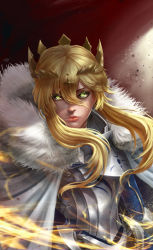 Rule 34 | 1girl, absurdres, armor, artoria pendragon (fate), artoria pendragon (lancer) (fate), blonde hair, cape, commentary, crown, english commentary, fate/grand order, fate (series), fur-trimmed cape, fur trim, green eyes, hair between eyes, highres, lion king (lancer) (fate), looking at viewer, sekaizero, sidelocks, signature, solo, swept bangs