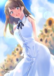 Rule 34 | 1girl, :d, absurdres, amagi shino, arms behind back, artist name, black ribbon, blurry, blurry background, brown eyes, brown hair, cloud, collared dress, day, dress, flower, from below, highres, leaning forward, lens flare, long hair, looking at viewer, neck ribbon, open mouth, original, outdoors, ribbon, sleeveless, sleeveless dress, smile, solo, standing, straight hair, sundress, sunflower, white dress, white ribbon, wing collar, yellow flower
