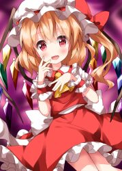 Rule 34 | 1girl, ascot, back bow, blonde hair, bow, collared shirt, cowboy shot, flandre scarlet, frilled skirt, frills, hair between eyes, hat, hat ribbon, highres, looking at viewer, mob cap, open mouth, puffy short sleeves, puffy sleeves, purple background, red eyes, red ribbon, red skirt, red vest, ribbon, ruu (tksymkw), shirt, short sleeves, simple background, skirt, solo, touhou, vest, white bow, white hat, wings, wrist cuffs, yellow ascot